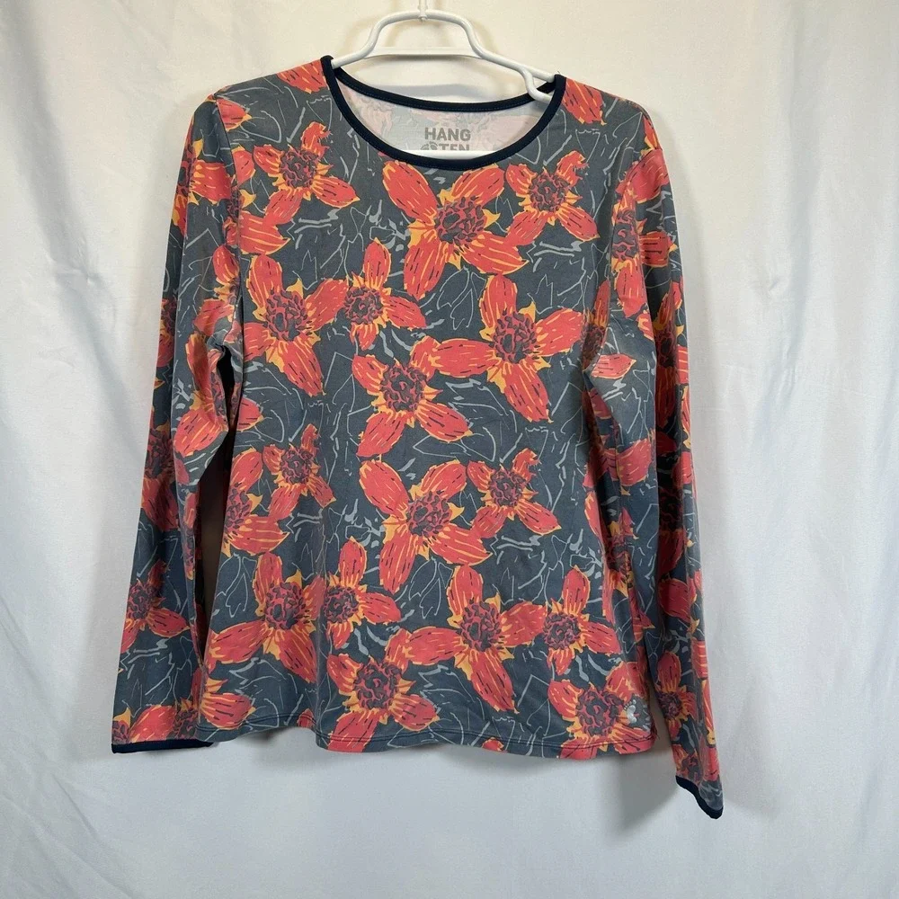 Hang Ten Womens XL Long Sleeve Rashguard UPF 50+ Stretch Shirt Back Pocket Logo